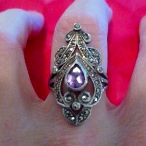 Sterling silver marcasite and amethyst ring. Size 9
